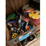 A box of toy vehicles including Corgi, Dinky, along with 2 tins of Lego