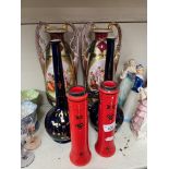 Pair of red glass vases with silver rims, pair of Vienna porcelain vases (as found) and a pair of