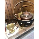 A copper kettle, brass lam pan, bowl, bellows etc