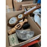 A mixed box including a French wine corkscrew, a small Shortland Bros barometer, two vintage