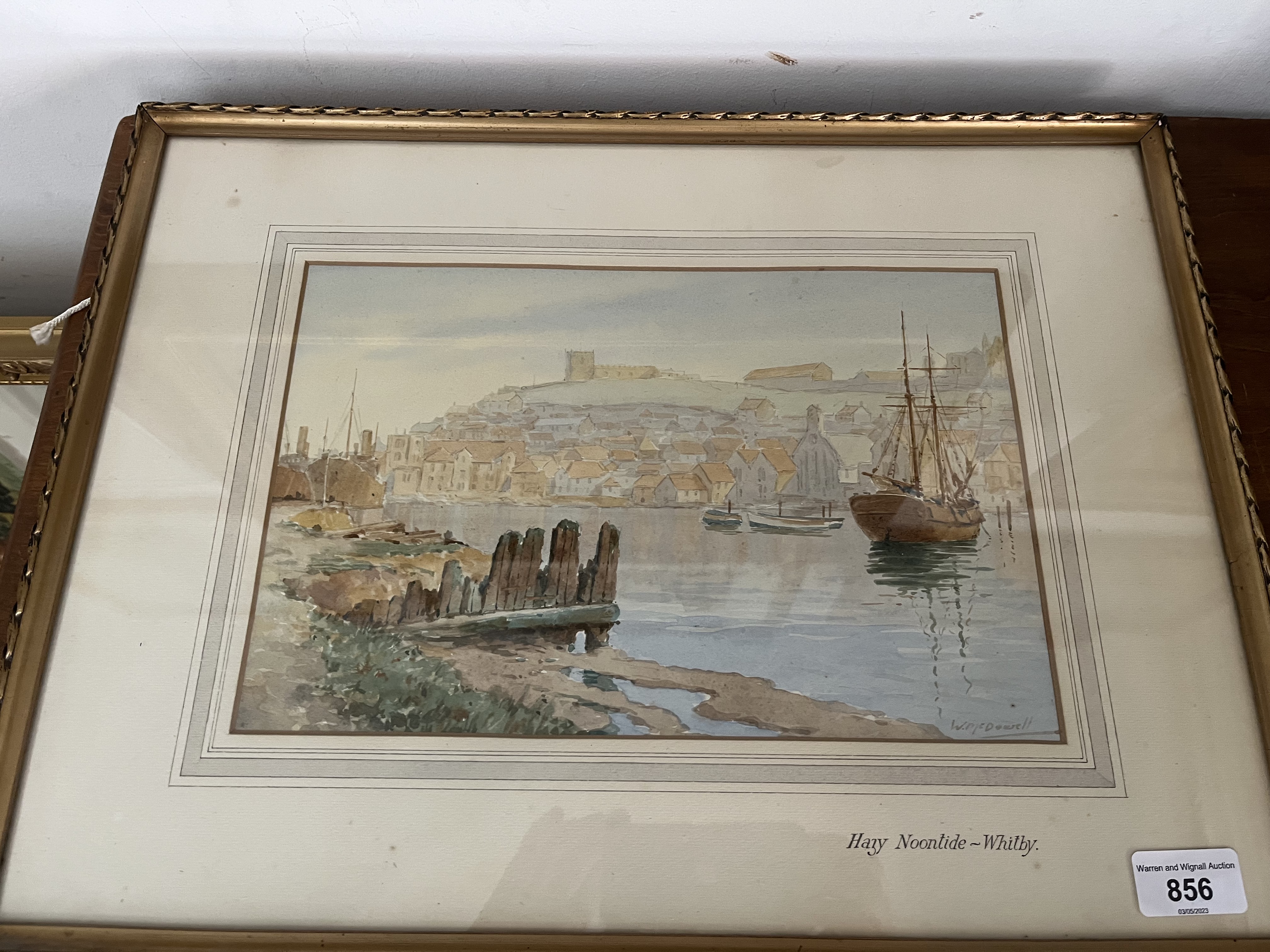 W McDowell, 'Hazy Noontide Whitby', watercolour, 30cm x 20cm, glazed and framed.