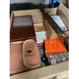 A box mixed collectables including wooden box, stamp album, Jerusalem books, camera, minerals,