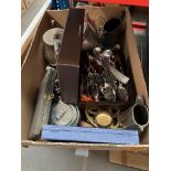 A box of plated ware, cutlery, etc.
