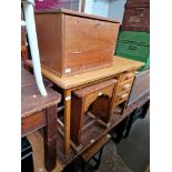 Various items of furniture; a stained pine table, an oak occasional table, an oak desk, a rustic