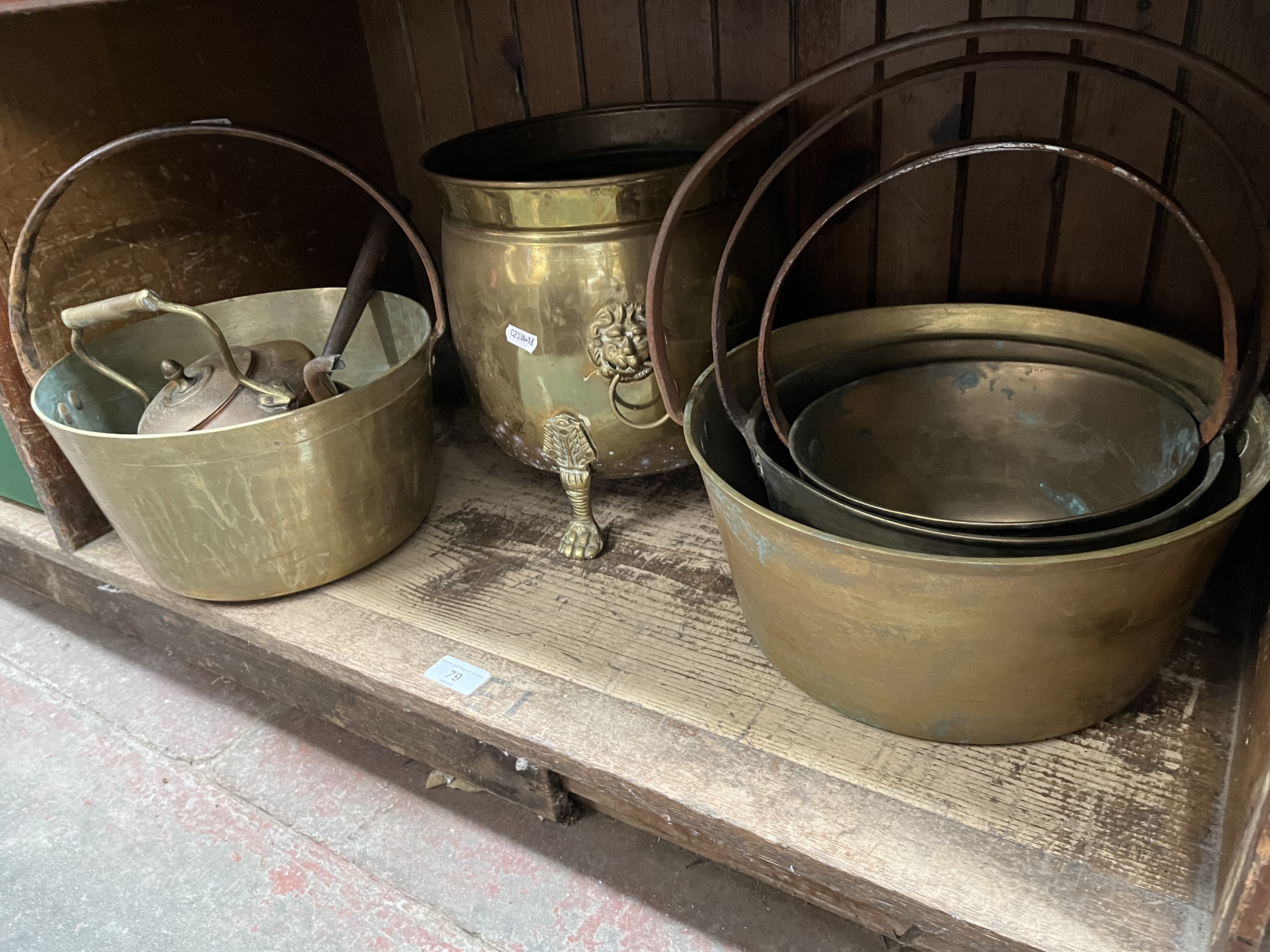 A mixed lot of brassware including jam pans, planter etc.