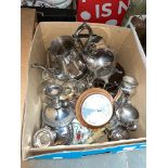 A box of assorted misc. including a silver plated tea set, a barometer etc.