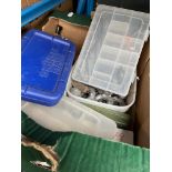 A box of fishing tackle including 56 weights, 250 bronzed treble hooks, vintage Mitchel reel (