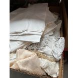 A box of various linen, crochet-ware, etc.