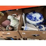 Two boxes of blue and white and other ceramics to include 2 tureens, a cheese dish, jug and bowl,