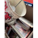 A box of Liverpool FC ephemera to include table lamp, football programmes, an LP, etc.