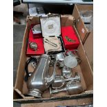 A box of miscellaneous metals including a hallmarked silver small knife with sugar tongs and cut