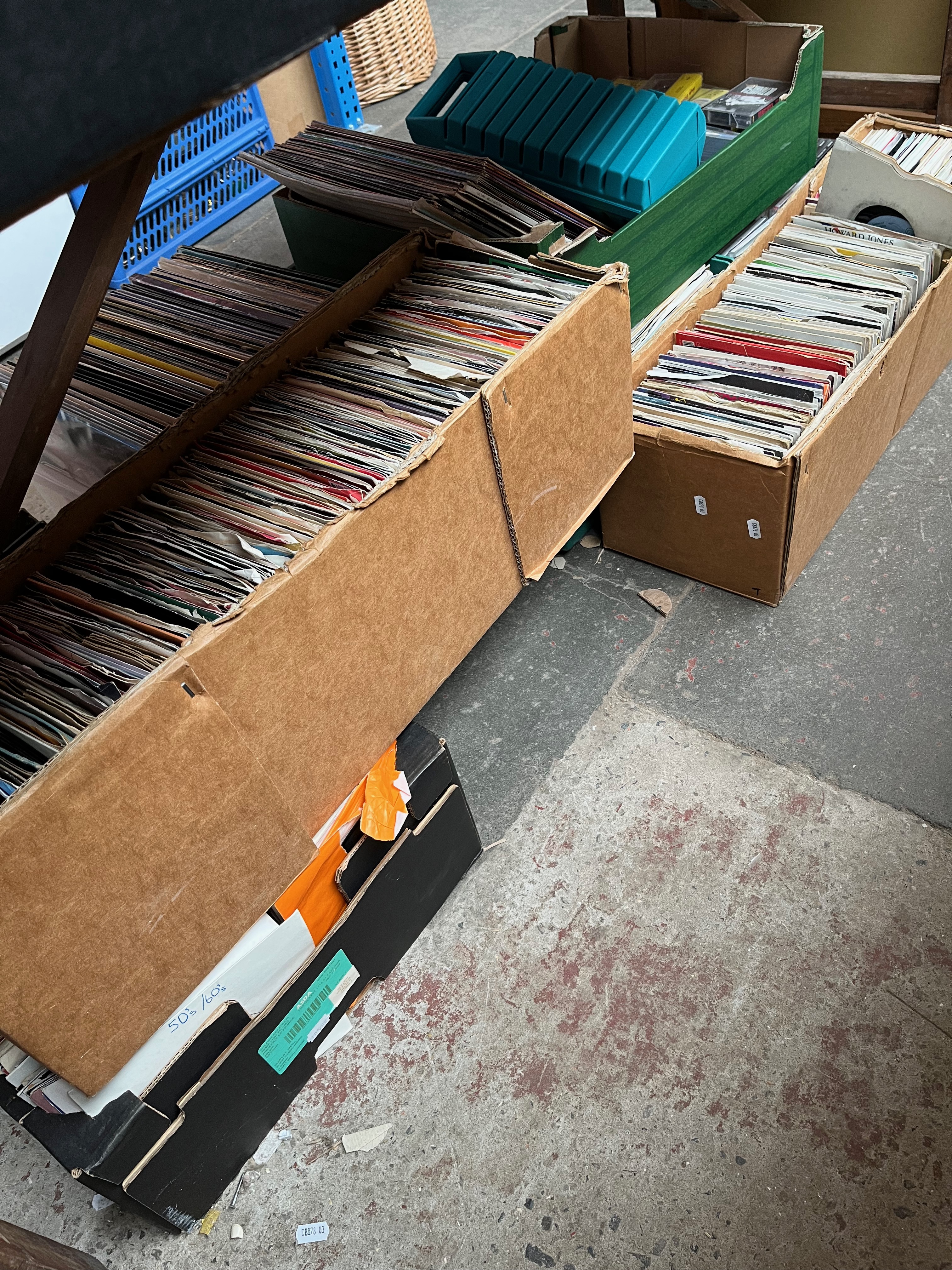 7 boxes of 45s, LPs, music cassettes and CDs.