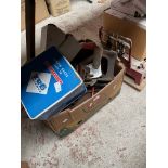 A box of tools, camping gas stove, cross cut saw, weights, etc