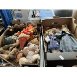 Two boxes of dolls and soft toys including bisque headed dolls etc.