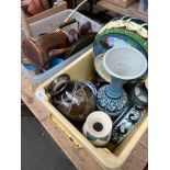 Two boxes of miscellaneous to include pottery, metal-ware, copper, brass, clogs, planter, vases,