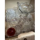 A box of glassware to include crystal, candlesticks, bowl, vases, etc.