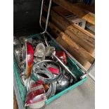 A box of vintage car parts, mostly MGB including luggage rack.