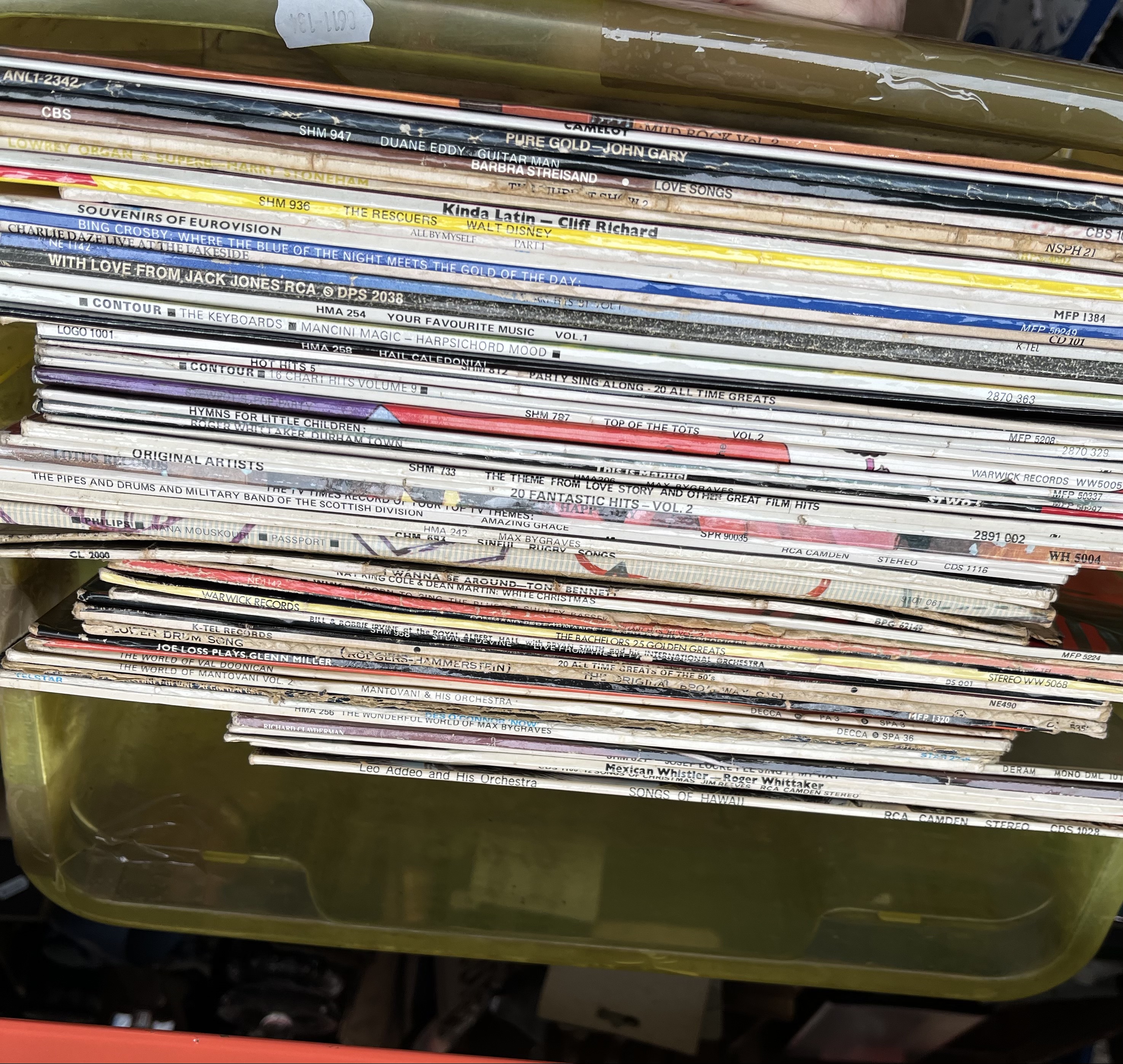 A box of LP vinyl records.