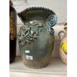 Studio pottery - large blue glazed vase with ornate decoration, approx: 32cm high and 30cm wide