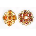 A pair of 9ct gold multi-gem set cluster separators, one set with citrine and split pearls, the