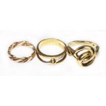 Three rings; two hallmarked 9ct gold and another marked '375', wt. 10.1g, sizes H, N & S.