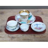 A tray of assorted European porcelain including a Meissen cup and saucer.