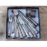 A mixed lot of silver comprising a set of four hallmarked silver Newcastle teaspoons, five Chinese