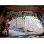 A box of assorted first day covers, also including airmail, postcards, cigarette cards mint stamps.