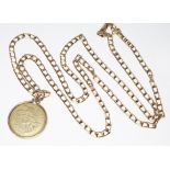 A hallmarked 9ct gold medallion pendant on 58cm chain marked '375', gross wt. 8.9g.