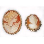 Two hallmarked 9ct gold shell cameo brooches, gross wt. 10.2g, length 30mm & 40mm.
