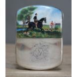 A continental silver cigarette case, enamelled decoartion depicting a hunting scene, import marks,