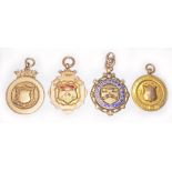 A group of four hallmarked 9ct gold fob medals, wt. 25.4g.