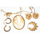 A mixed lot of hallmarked 9ct gold comprising two pairs of earrings, an odd earing and a chain,
