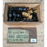 A vintage chess set in wooden pine box The "Club" Box 2/6.