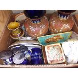 A box of assorted pottery including majolica, Doulton etc.