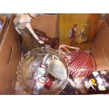 A box of assorted items including a horn spoon, glassware, tree, a reproduction Art Deco figure etc.
