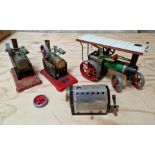 Mamod steam tractor, two static engines and a boiler.