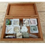 A wooden box of various mineral samples and fossils.