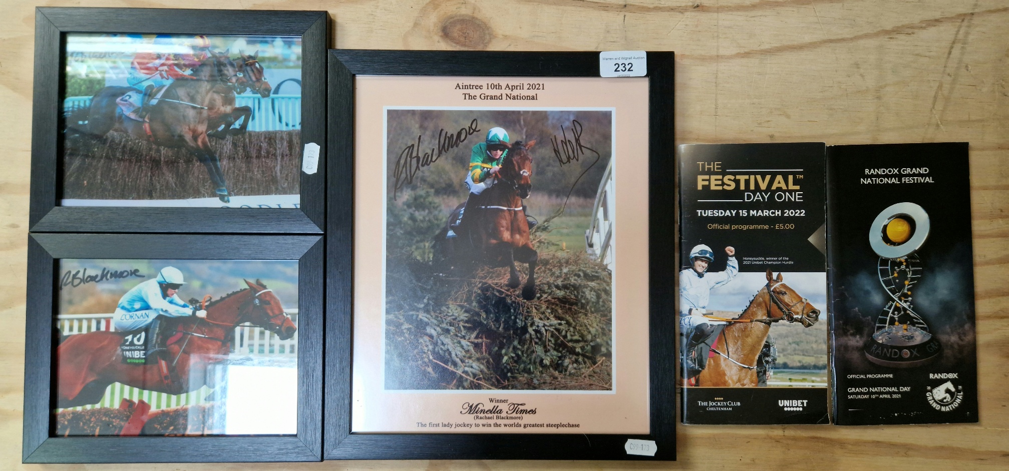 A group of three framed signed photographs and race cards featuring Rachel Blackmore, some signed by