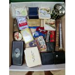 A box of collectables to include a Don Ramos cigar, a Willem II cigar, various football World Cup