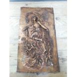 A French cast metal panel depicting a semi nude female figure surround by sea life and fishing nets,