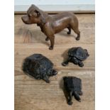 A vintage composite pit bull terrier figure together with 3 Chinese hardstone tortoises