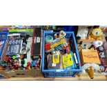 Three boxes of assorted toys to include Star Wars micro machine, boxed model motorcycles, marbles,