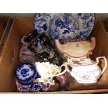 A box of assorted pottery including Moore, Sunderland lustre, a Jasper ware mug with royal coat of