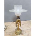 An Art Deco bronzed spelter table lamp modelled as a pair of birds below a two part etched shade,