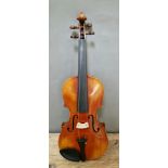 A late 19th/early 20th century violin stamped Sainer to back, 2 piece back, length 357mm, with