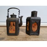 A set of two antique Chinese pewter tea caddy and teapot, both with reverse glass painted panels