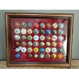 A collection of 48 Champagne bottle tops, mounted in glass lidded box/frame.