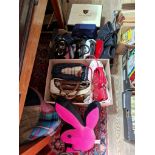 Two boxes of various branded handbags, purses and related items to include Radley, Aspinal of