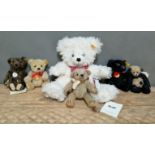 A box of vintage teddy bears & a Steiff watch to include Steiff (029349,030246,030643,111990) & 2